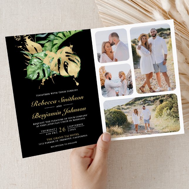 Invitación Gold Monstera Tropical Palm Black QR Code Wedding (Subido por el creador)