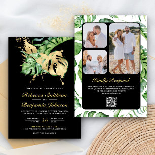 Invitación Gold Monstera Tropical Palm Código QR Boda negro