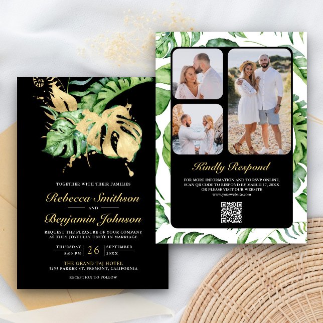 Invitación Gold Monstera Tropical Palm Código QR Boda negro (Subido por el creador)
