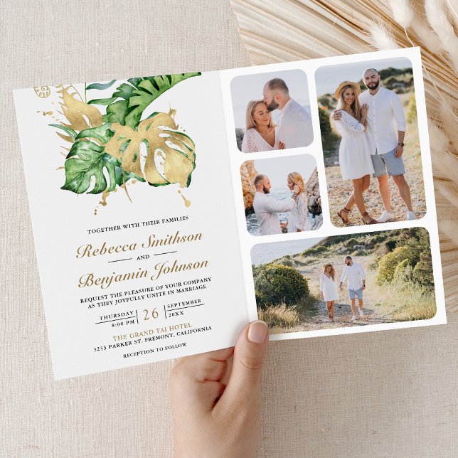 Invitación Gold Monstera Tropical Palm QR Code Wedding (Subido por el creador)