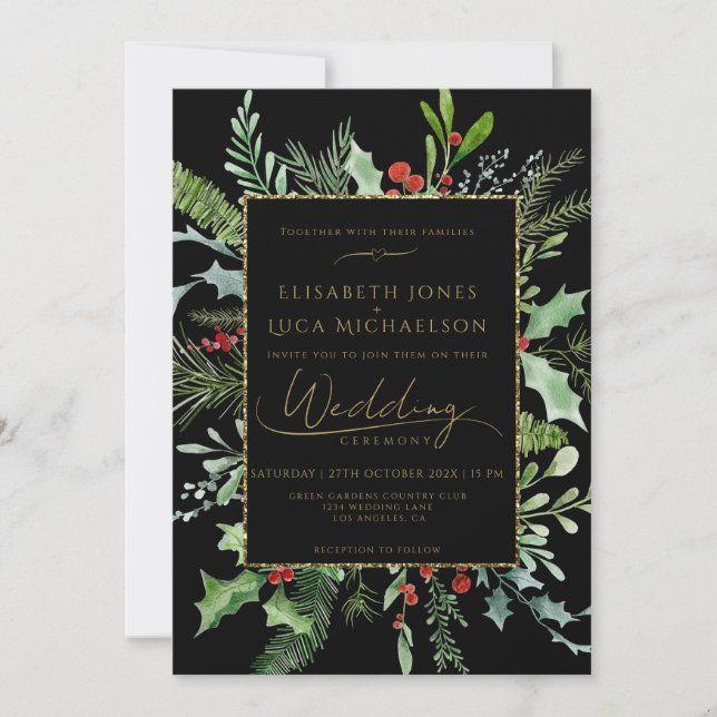 Invitación Gold Moody Winter Berry Botanical Monogram Wedding (Anverso)