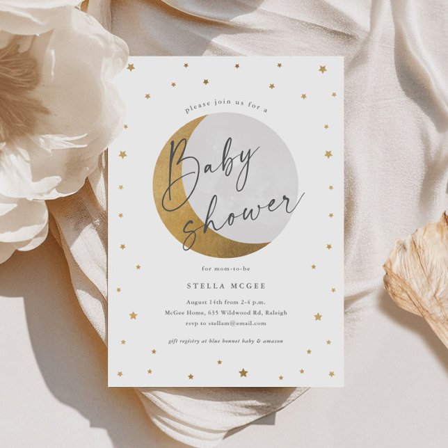 Invitación Gold Moon and Stars Gender Neutral Baby Shower (Gold Moon and Stars Script Gender Neutral Baby Shower Invitations.)