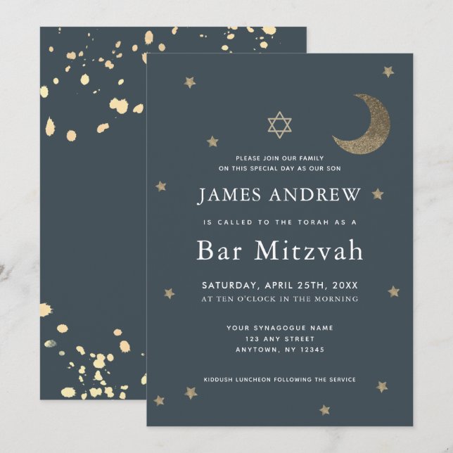Invitación Gold Moon & Stars Navy Blue Bar Mitzvah (Anverso / Reverso)