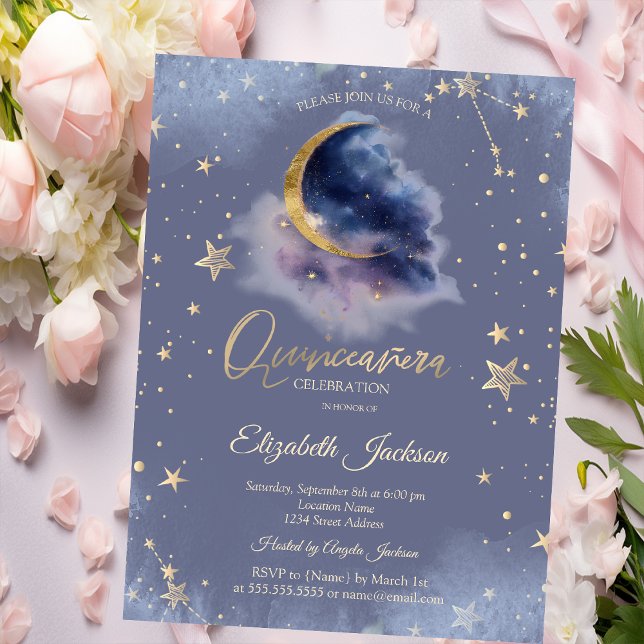 Invitación Gold Moon Stars Starry Night Quinceanera (Subido por el creador)