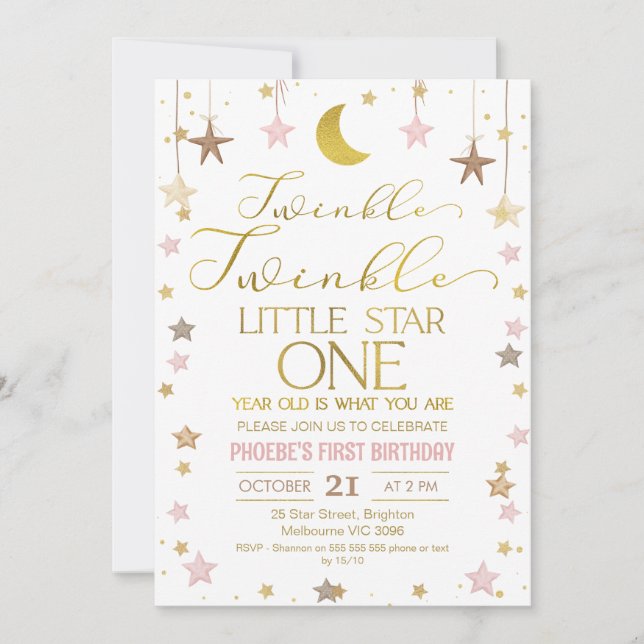 Invitación Gold Moon Twinkle Little Star 1er cumpleaños (Anverso)