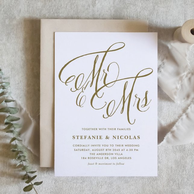 Invitación Gold Mr. y la Sra. Rustic Calligraphy Boda (Gold Mr. and Mrs. Rustic Calligraphy Wedding Invitation)