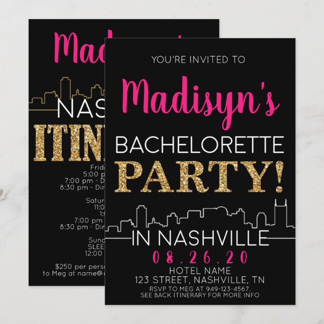 Invitación Gold Nashville Bachelorette Party Itinerario y (Anverso / Reverso)