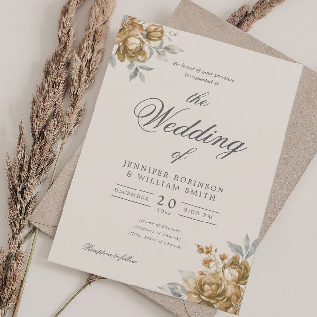 Invitación Gold Natural Rustic Floral Elegant Script Wedding  (Gold Natural Rustic Floral Elegant Script Wedding Invitation)