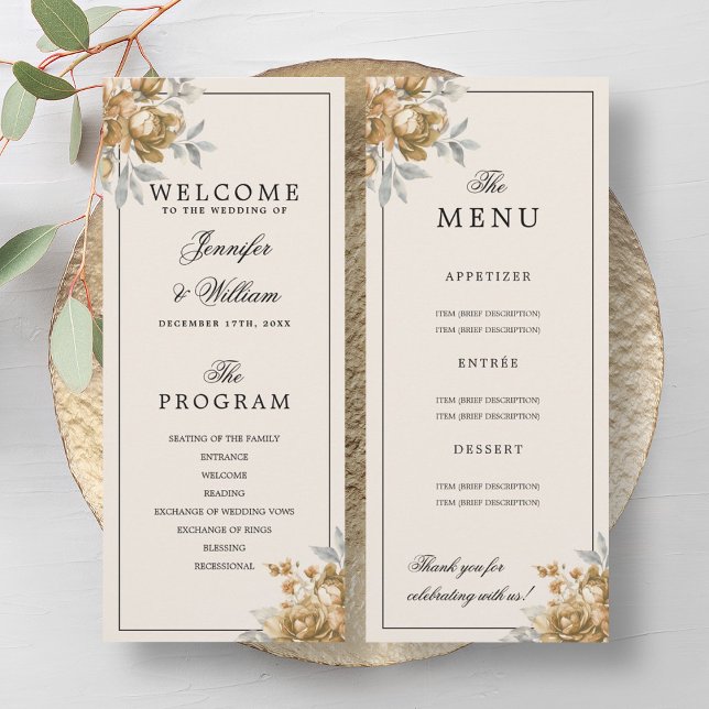 Invitación Gold Natural Rustic Floral Wedding Program Menu (Gold Natural Rustic Floral Wedding Program Menu)