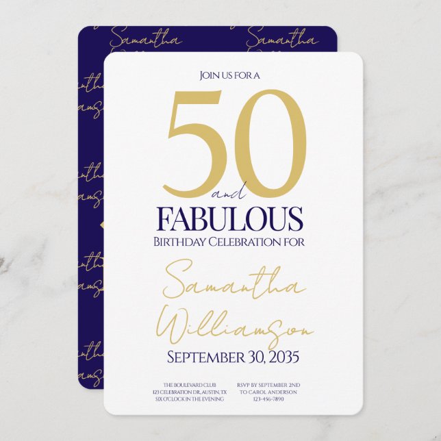 Invitación Gold Navy 50 and Fabulous | 50th Birthday Simple (Anverso / Reverso)