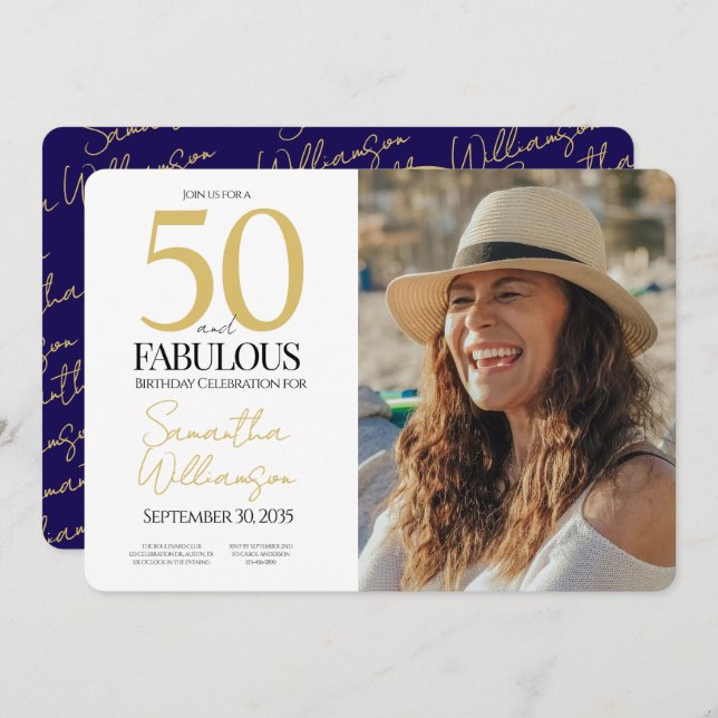Invitación Gold & Navy | 50th Elegant Fabulous Birthday Party (Anverso / Reverso)
