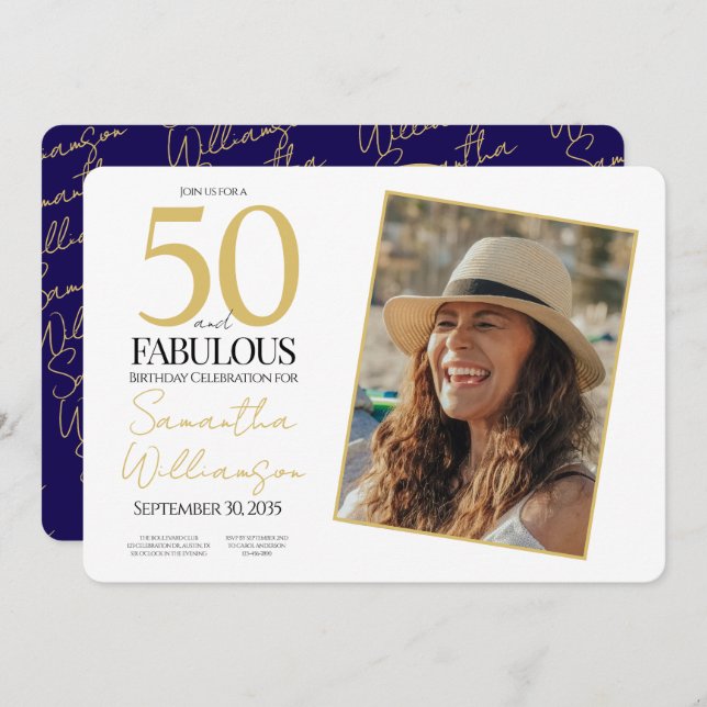 Invitación Gold & Navy | 50th Fabulous Photo Birthday Party (Anverso / Reverso)