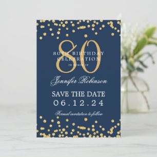 Invitación Gold Navy Blue 80th Birthday Save the Date Details