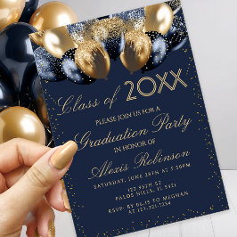 Invitación Gold Navy Blue Glitter Balloons Graduation Party