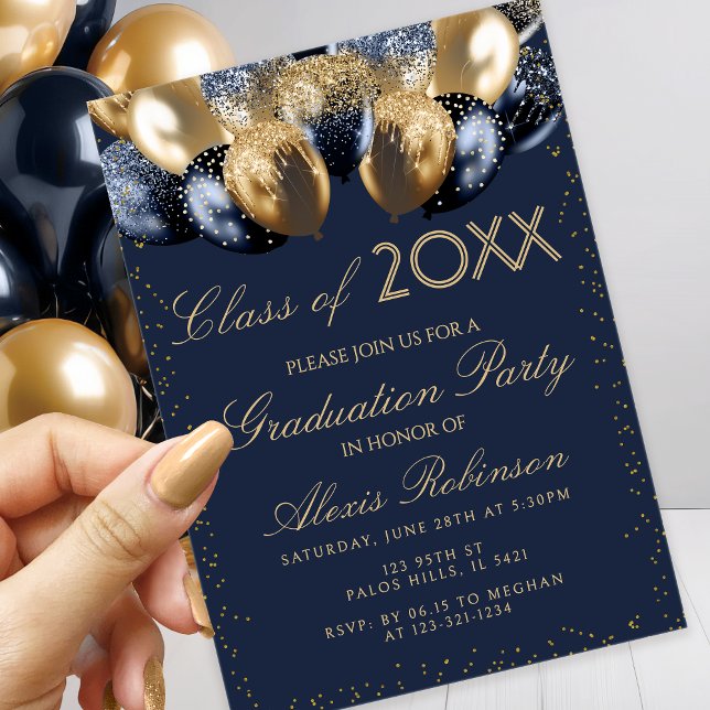 Invitación Gold Navy Blue Glitter Balloons Graduation Party (Subido por el creador)