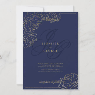 Invitación Gold navy blue monogram initals floral wedding