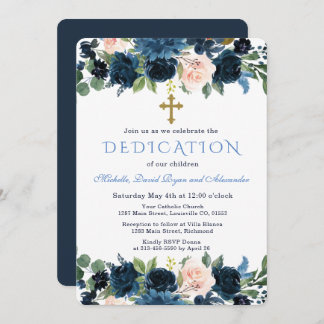 Invitación Gold Navy Blue Pink Floral Triplets Dedication