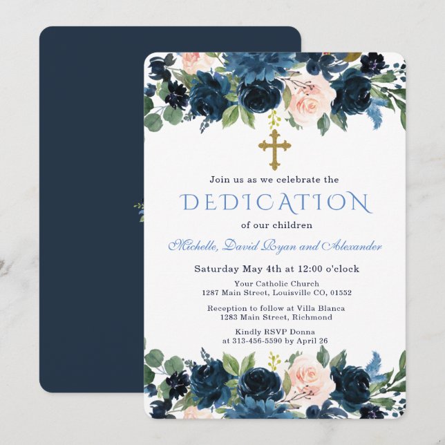 Invitación Gold Navy Blue Pink Floral Triplets Dedication (Anverso / Reverso)