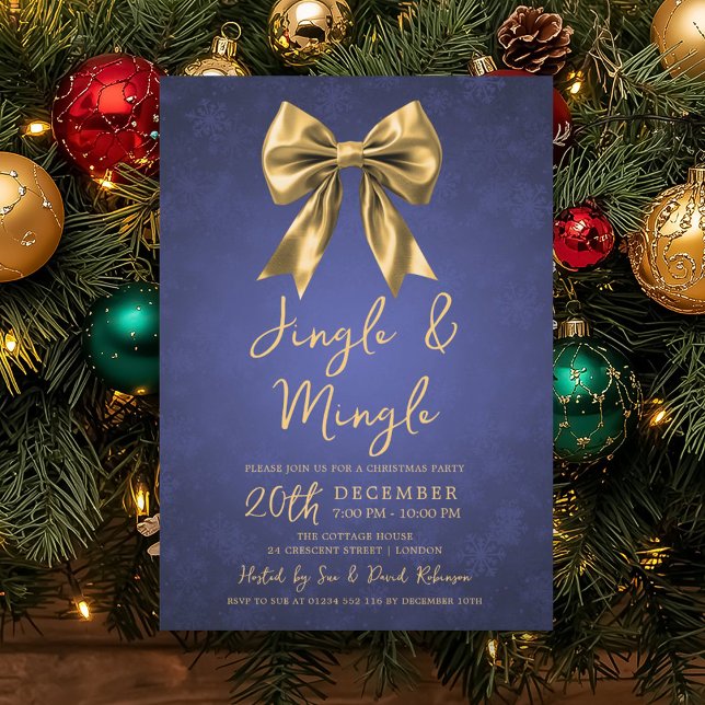 Invitación Gold Navy Jingle Mingle Christmas Party Bow Snow  (Gold Navy Jingle Mingle Christmas Party Bow Snow Invitation)
