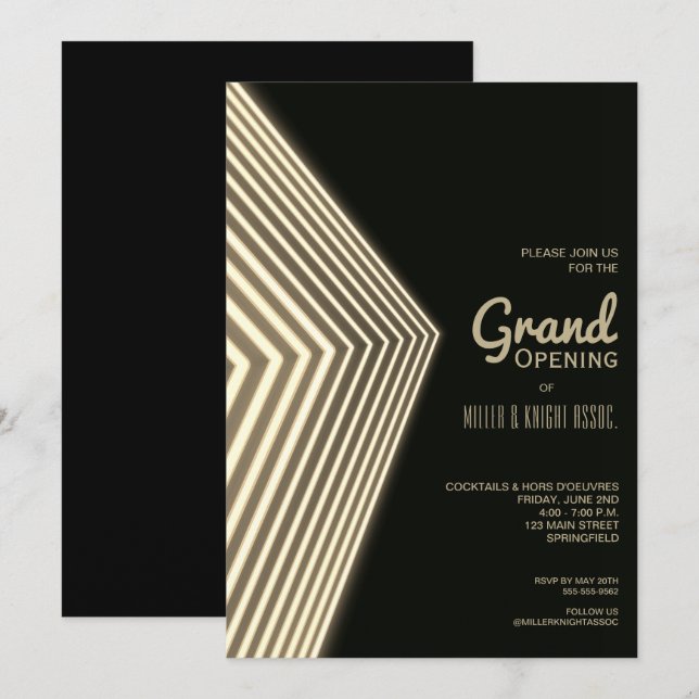 Invitación Gold Neon Grand Opening Business (Anverso / Reverso)