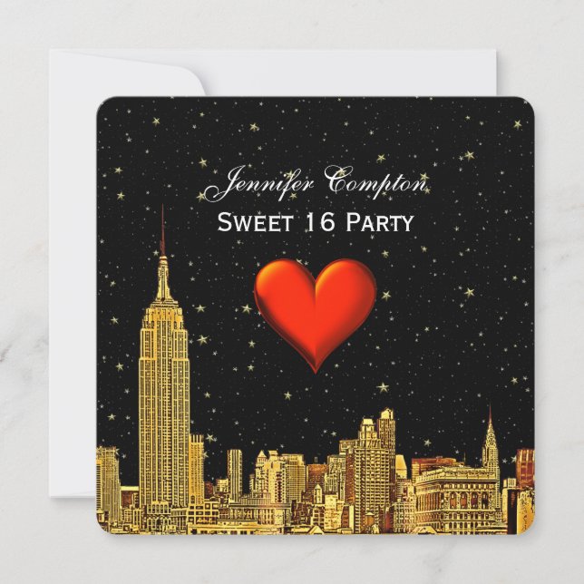 Invitación Gold NYC Skyline 01 Etched Heart Stars SQ Sweet 16 (Anverso)