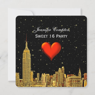 Invitación Gold NYC Skyline 01 Etched Heart Stars SQ Sweet 16