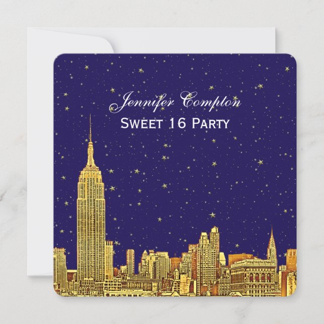 Invitación Gold NYC Skyline Etch Blue Starry Sky SQ Sweet 16 (Anverso)