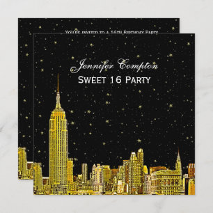 Invitación Gold NYC Skyline Etched Starry DIY BG SQ Sweet 16
