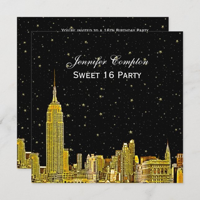 Invitación Gold NYC Skyline Etched Starry DIY BG SQ Sweet 16 (Anverso / Reverso)