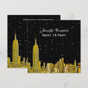 Invitación Gold NYC Skyline Etched Starry DIY BG SQ Sweet 16