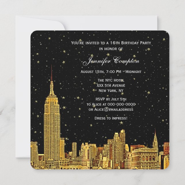 Invitación Gold NYC Skyline Etched Starry Sky SQ Sweet 16 (Reverso)