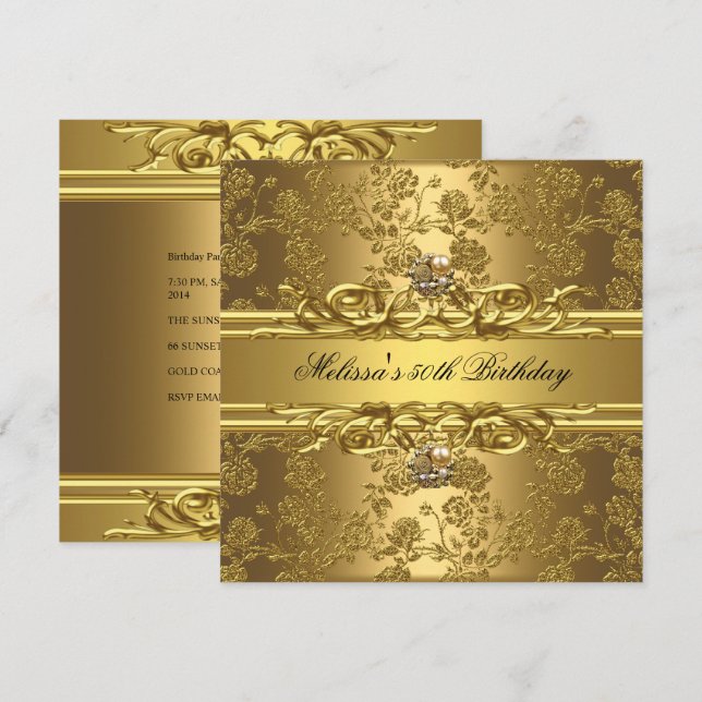 Invitación Gold On Gold 50th Birthday Party Jewels Floral (Anverso / Reverso)