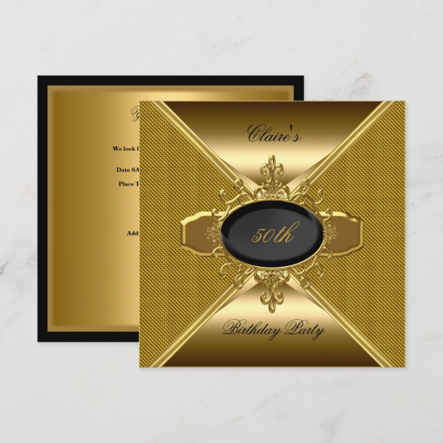 Invitación Gold On Gold Black 50th Birthday Party 3 (Anverso / Reverso)