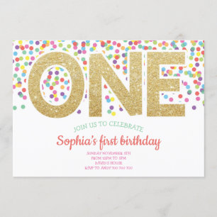 Invitación Gold One Rainbow Confetti Baby Girl Primer cumplea