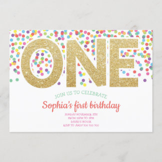 Invitación Gold One Rainbow Confetti Baby Girl Primer cumplea