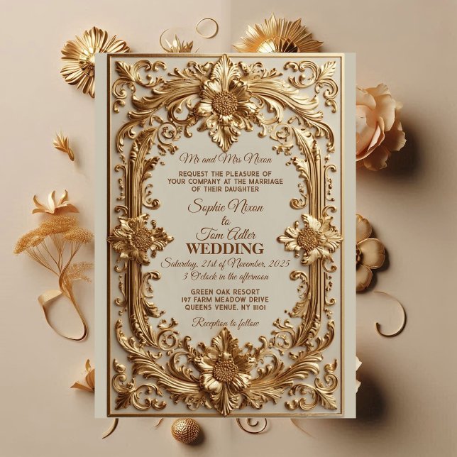 Invitación Gold Ornate Baroque Grandeur Floral Motif Wedding  (Gold Ornate Baroque Grandeur Floral Motif Wedding Invitation)