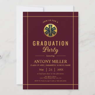 Invitación Gold paramedic Class Of 2026 burgundy graduation