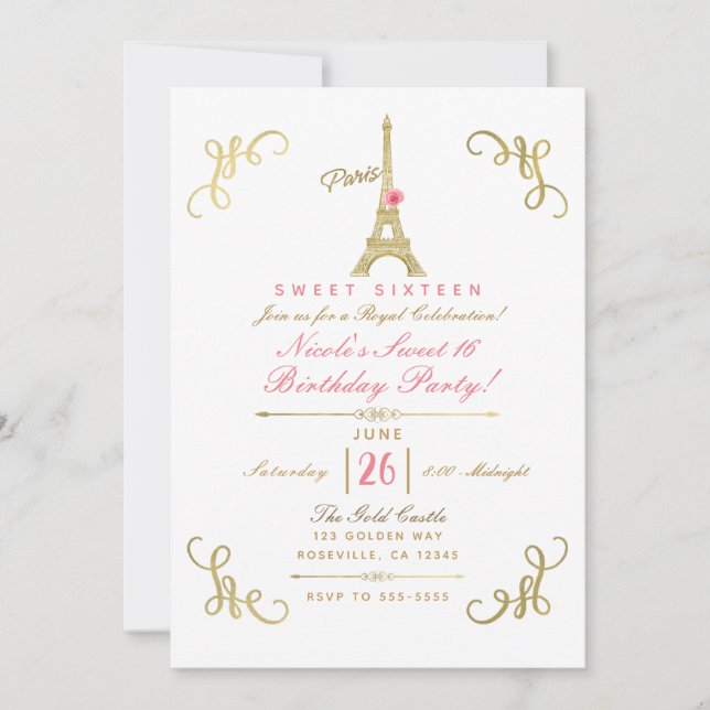 Invitación Gold Paris Eiffel Tower Rosa Sweet 16 Fiesta (Anverso)