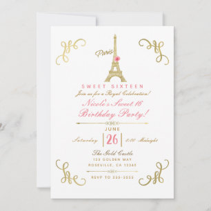 Invitación Gold Paris Eiffel Tower Rosa Sweet 16 Fiesta