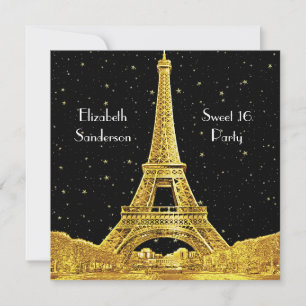 Invitación Gold Paris Francia Skyline #2 Bk Starry Sweet 16 S