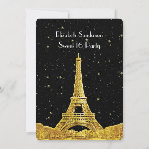 Invitación Gold Paris Francia Skyline #2 Bk Starry Sweet 16 V