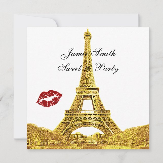 Invitación Gold Paris Francia Skyline Kiss #2 Sweet 16 SQ (Anverso)
