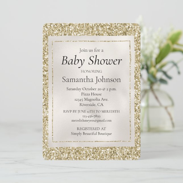 Invitación Gold Pearl White Glitzy Purpurina Baby Shower (Anverso de pie)