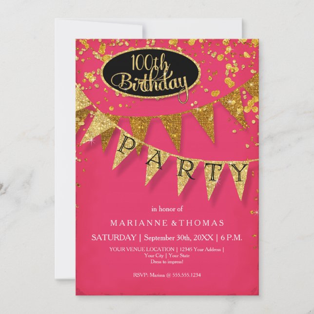Invitación Gold Pennant Any Year Pink Birthday Confetti (Anverso)