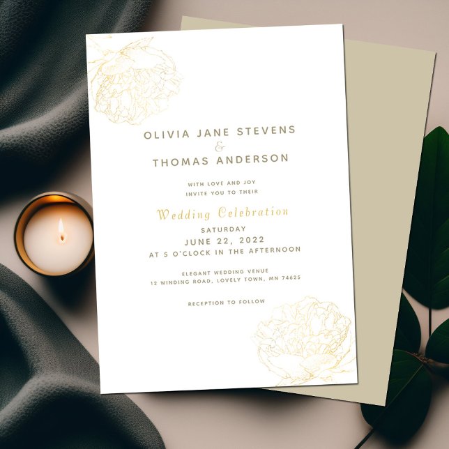Invitación Gold Peonies Elegante Boda floral clásico moderno (Subido por el creador)