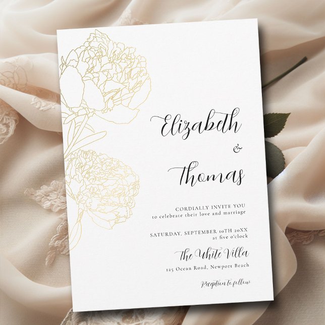 Invitación Gold Peonies Romance Elegance Boda de sketch flora (gold peonies floral sketch modern classic wedding invitation romantic elegant boho formal)