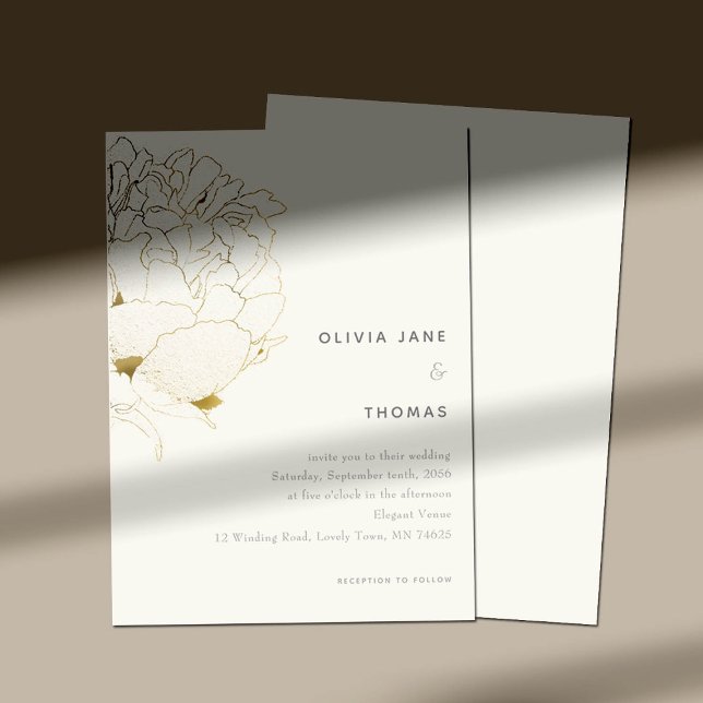 Invitación Gold Peony Elegant Floral Sketch BW Boda (Subido por el creador)