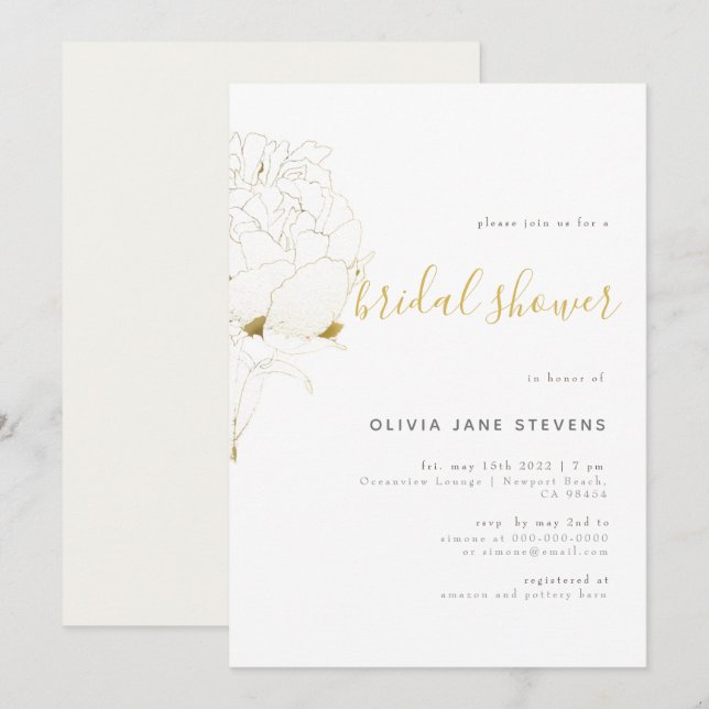 Invitación Gold Peony Elegant Floral Sketch BW Bridal Shower (Anverso / Reverso)