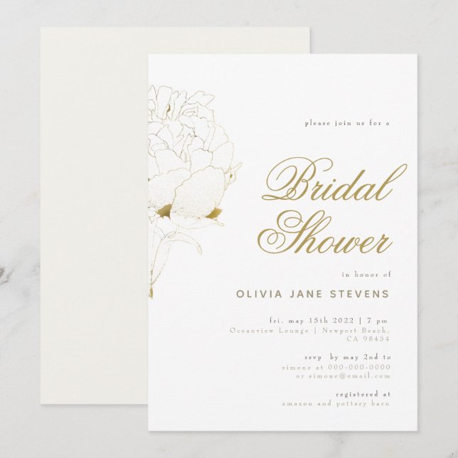 Invitación Gold Peony Elegant Script Floral BW Bridal Shower (Anverso / Reverso)