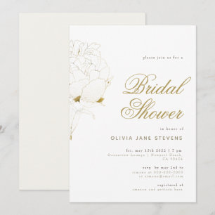 Invitación Gold Peony Elegant Script Floral BW Bridal Shower